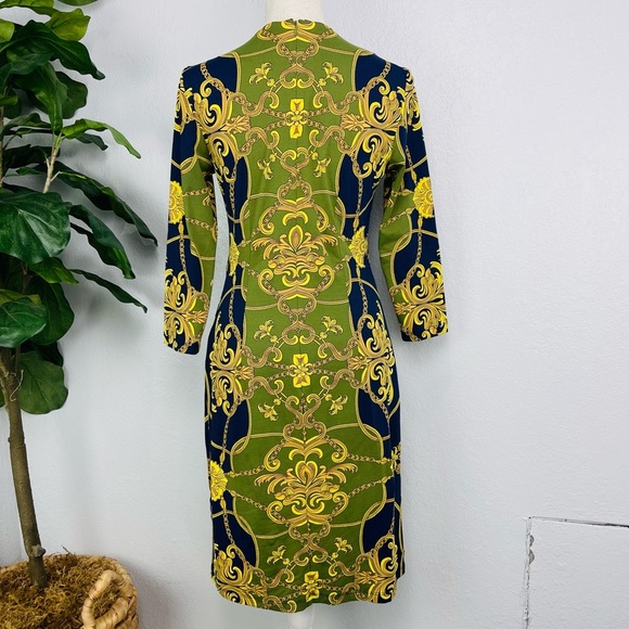 J. McLaughlin Baroque Gold Chain Print 3/4 Sleeve Mini Dress - Picture 4 of 6